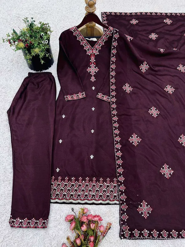 Women_S_Chinnon_Silk_Embroidery_Sequence_Work_And_Lace_Work_Straight_Kurti_With_Pant_And_Dupatta