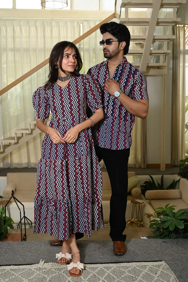Couple_Matching_Navy_Blue_Red_Zigzag_Cotton_Anarkali_Midi_Dress_And_Shirt_Set
