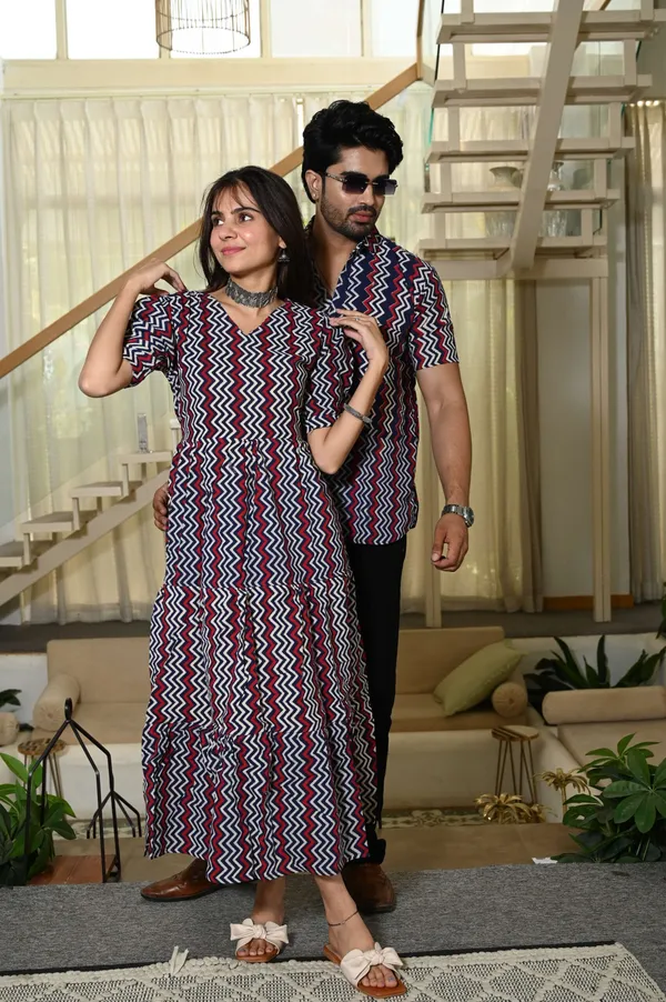 Couple_Matching_Navy_Blue_Red_Zigzag_Cotton_Anarkali_Midi_Dress_And_Shirt_Set