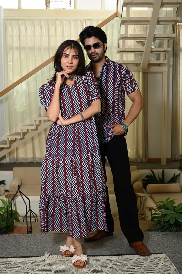 Couple_Matching_Navy_Blue_Red_Zigzag_Cotton_Anarkali_Midi_Dress_And_Shirt_Set