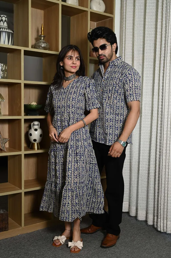 Couple_Matching_Navy_Blue_Cotton_Anarkali_Midi_Dress_And_Shirt_Set_Paisley_Block_Print