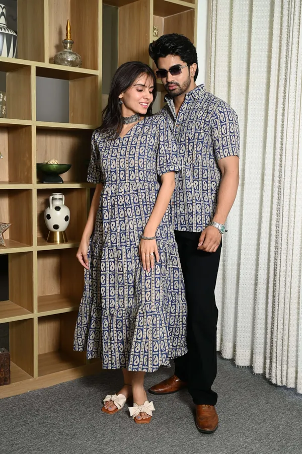 Couple_Matching_Navy_Blue_Cotton_Anarkali_Midi_Dress_And_Shirt_Set_Paisley_Block_Print