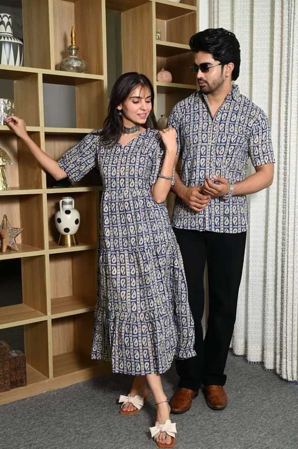 Couple_Matching_Navy_Blue_Cotton_Anarkali_Midi_Dress_And_Shirt_Set_Paisley_Block_Print