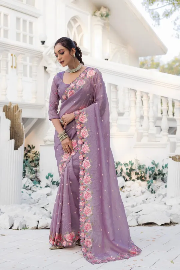 Women_S_Pristine_White_Organza_Saree_With_Exquisite_Pink_Green_Floral_Thread_Embroidery_Complete_With_Matching_Embroidered_Blouse_For_Festive_Summer_Wear