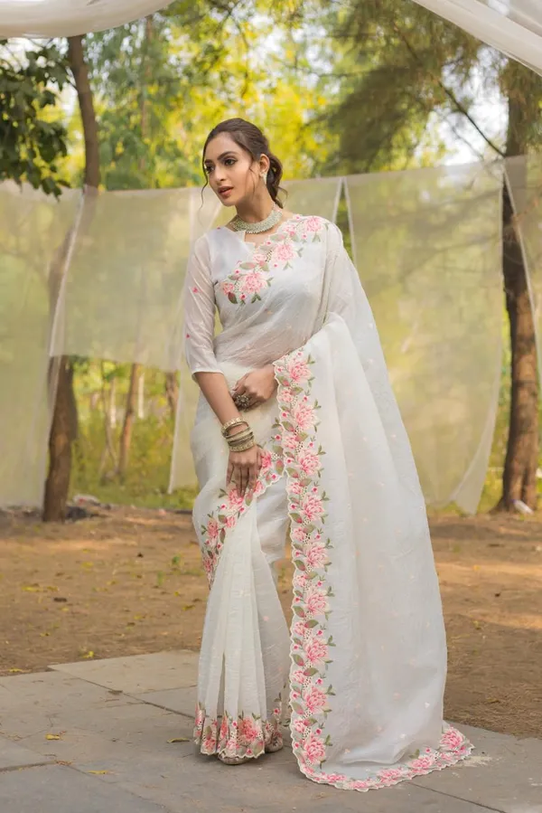 Women_S_Pristine_White_Organza_Saree_With_Exquisite_Pink_Green_Floral_Thread_Embroidery_Complete_With_Matching_Embroidered_Blouse_For_Festive_Summer_Wear