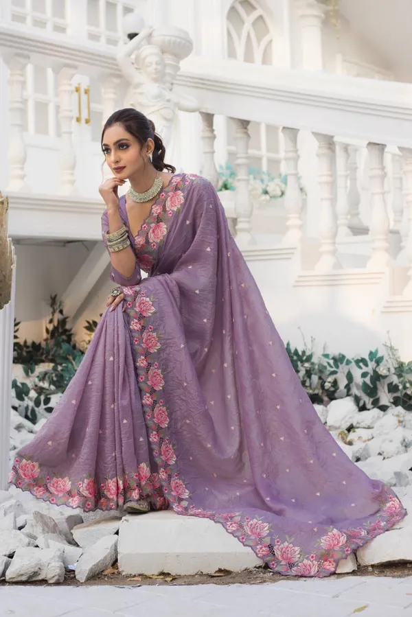 Women_S_Pristine_White_Organza_Saree_With_Exquisite_Pink_Green_Floral_Thread_Embroidery_Complete_With_Matching_Embroidered_Blouse_For_Festive_Summer_Wear