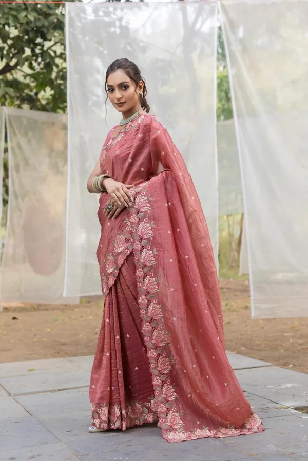 Women_S_Pristine_White_Organza_Saree_With_Exquisite_Pink_Green_Floral_Thread_Embroidery_Complete_With_Matching_Embroidered_Blouse_For_Festive_Summer_Wear