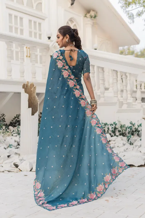 Women_S_Pristine_White_Organza_Saree_With_Exquisite_Pink_Green_Floral_Thread_Embroidery_Complete_With_Matching_Embroidered_Blouse_For_Festive_Summer_Wear