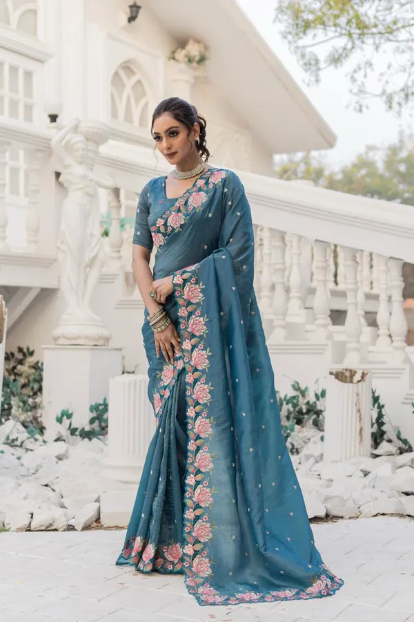 Women_S_Pristine_White_Organza_Saree_With_Exquisite_Pink_Green_Floral_Thread_Embroidery_Complete_With_Matching_Embroidered_Blouse_For_Festive_Summer_Wear