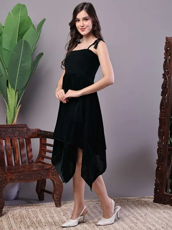 Women_S_Bottle_Green_Junglee_Pattern_Velvet_Handkerchief_Hem_Dress_Midi_Dresses