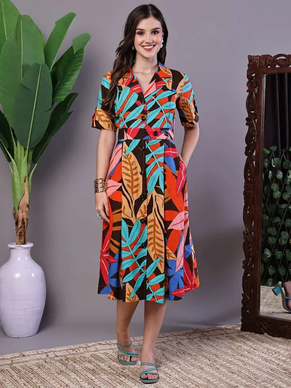 Women_S_Leaf_Print_Button_Down_Cotton_Midi_Dress