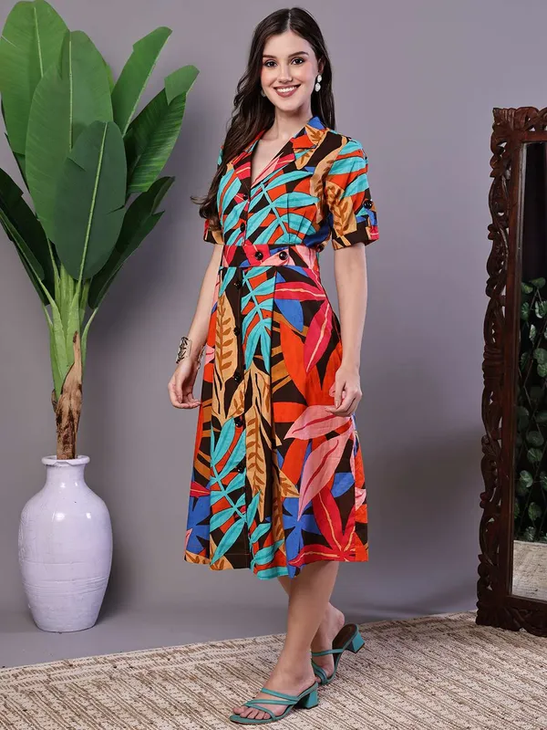 Women_S_Leaf_Print_Button_Down_Cotton_Midi_Dress