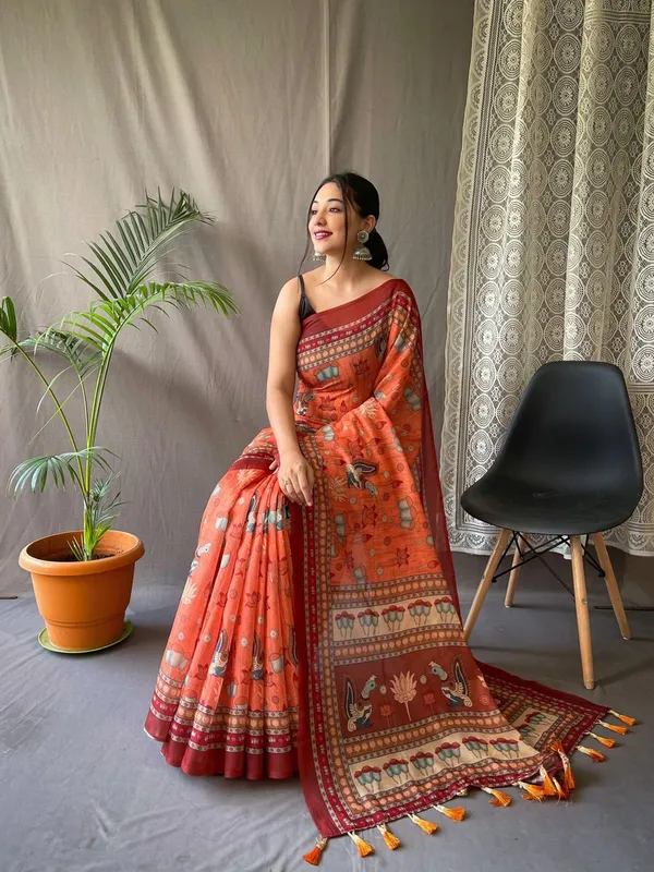 Women_S_Artistic_Terracotta_Orange_Linen_Saree_With_Kalamkari_Inspired_Print_Tassel_Detailing_Perfect_For_Casual_Festivities_Cultural_Events