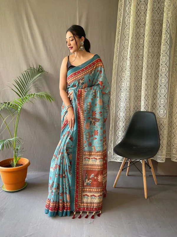 Women_S_Artistic_Terracotta_Orange_Linen_Saree_With_Kalamkari_Inspired_Print_Tassel_Detailing_Perfect_For_Casual_Festivities_Cultural_Events