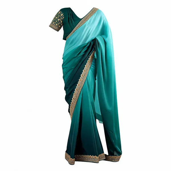 Womens_Elegant_Ombre_Green_Georgette_Saree_With_Intricate_Golden_Zari_Stone_Embellishments_Complete_With_Heavily_Worked_Blouse_For_Festive_Wedding_Wear