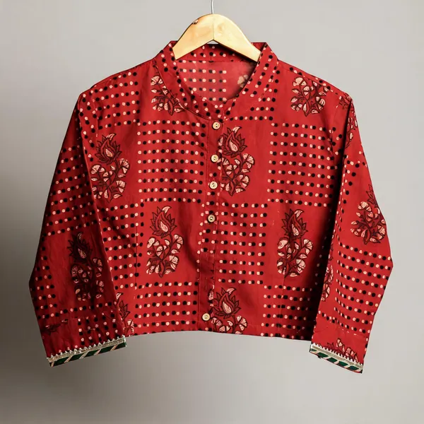 Hand_Block_Print_Cotton_Shirt_For_Women_Red_Floral_Printed_Button_Down_Top_With_Full_Sleeves