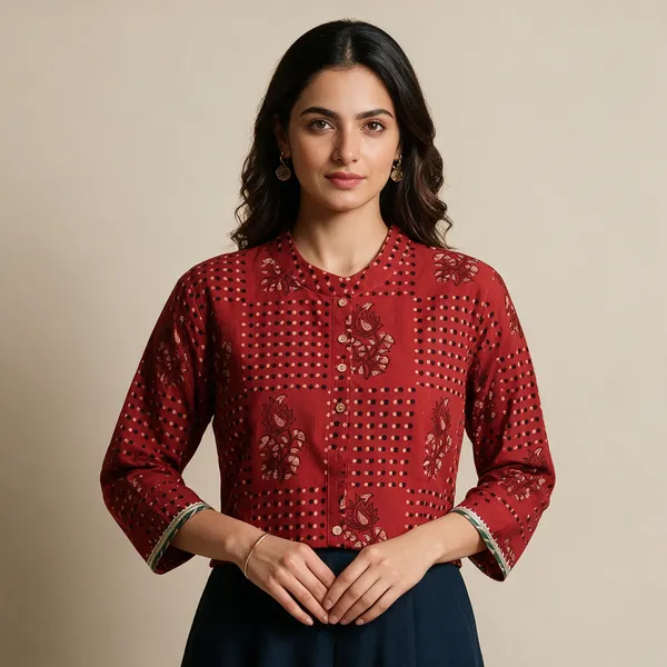 Hand_Block_Print_Cotton_Shirt_For_Women_Maroon_Floral_Printed_Button_Down_Top_With_Full_Sleeves