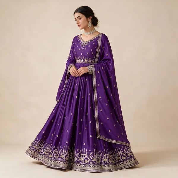 Womens_American_Silk_Sequence_Embroidery_Long_Anarkali_Kurti_Gown_With_Dupatta