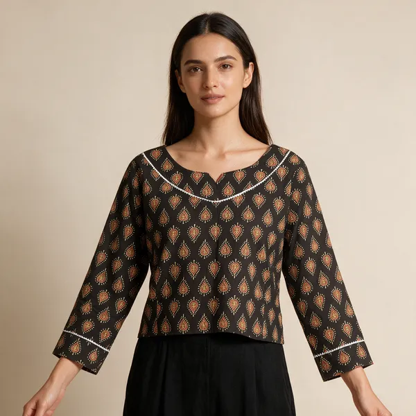 Handmade_Block_Print_Cotton_For_Women_Ethnic_Floral_Printed_Top_With_Long_Sleeves