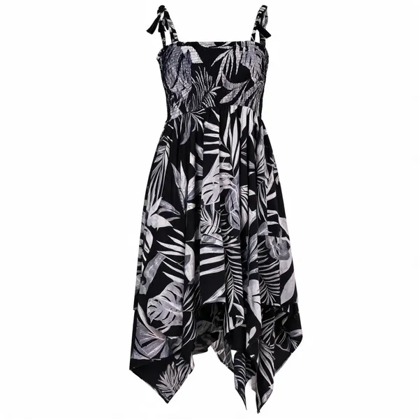 Womens_Black_White_Leaf_Print_Cotton_Handkerchief_Hem_Dress_Midi_Dresses