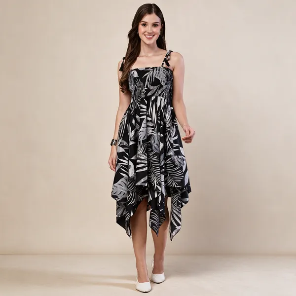 Womens_Black_White_Leaf_Print_Cotton_Handkerchief_Hem_Dress_Midi_Dresses