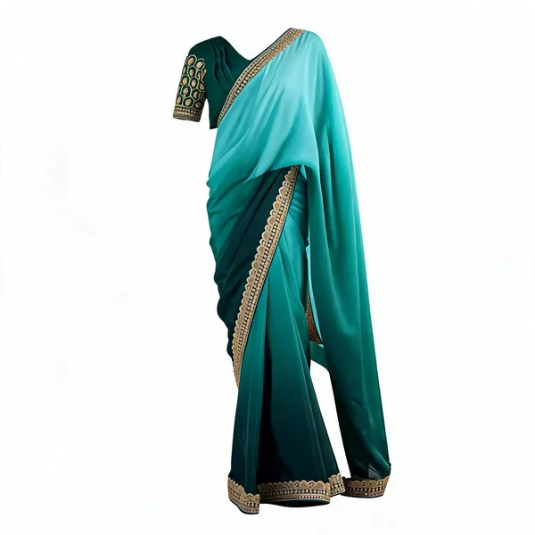 Womens_Elegant_Ombre_Green_Georgette_Saree_With_Intricate_Golden_Zari_Stone_Embellishments_Complete_With_Heavily_Worked_Blouse_For_Festive_Wedding_Wear