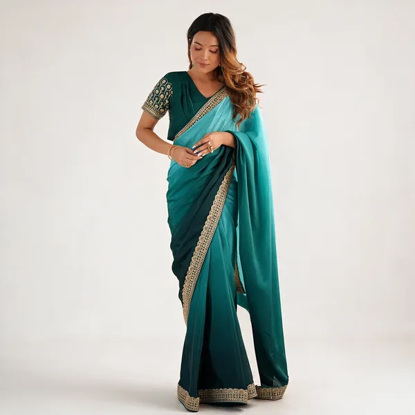 Womens_Elegant_Ombre_Sea_Blue_Georgette_Saree_With_Intricate_Golden_Zari_Stone_Embellishments_Complete_With_Heavily_Worked_Blouse_For_Festive_Wedding_Wear