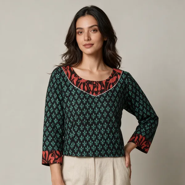 Handmade_Block_Print_Cotton_For_Women_Ethnic_Floral_Printed_Top_With_Long_Sleeves