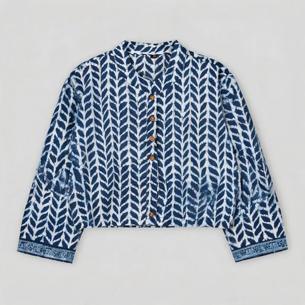 Hand_Block_Printed_Cotton_Shirt_For_Women_Indigo_Blue_Leaf_Print_Button_Down_Top_With_Long_Sleeves