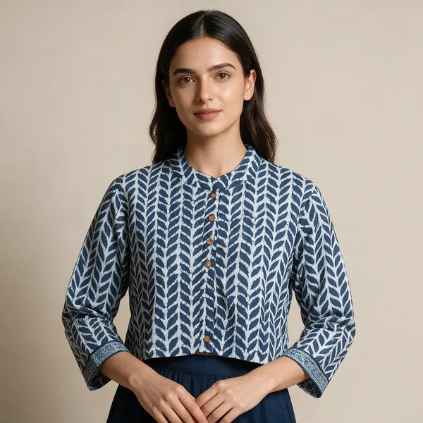 Hand_Block_Printed_Cotton_Shirt_For_Women_Indigo_Blue_Leaf_Print_Button_Down_Top_With_Long_Sleeves