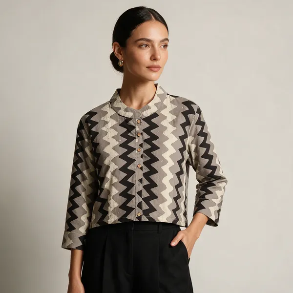 Handmade_Cotton_Shirt_For_Women_Black_Grey_Zigzag_Print_Button_Down_Top_With_Full_Sleeves