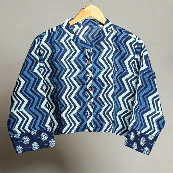 Handmade_Cotton_Shirt_For_Women_Black_Grey_Zigzag_Print_Button_Down_Top_With_Full_Sleeves