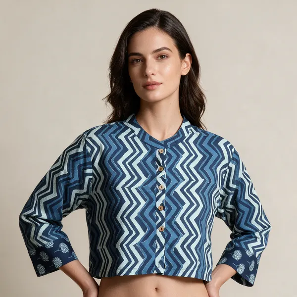 Handmade_Cotton_Shirt_For_Women_Blue_Zigzag_Print_Button_Down_Top_With_Full_Sleeves