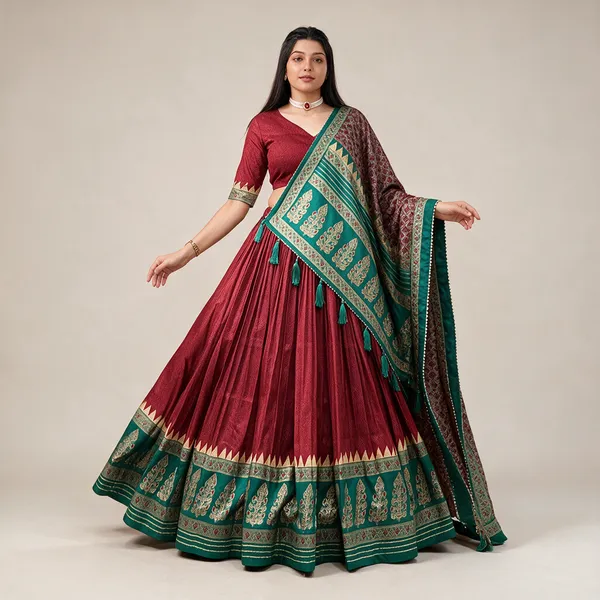Womens_Stitched_Ethnic_Lehenga_Choli_With_Zari_Border_And_Contrast_Dupatta