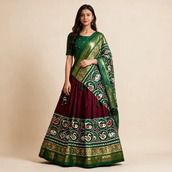 Womens_Stitched_Tussar_Silk_Patola_Print_Lehenga_Choli_Dupatta_Set