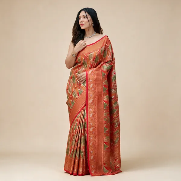 Womens_Luxurious_Pista_Orange_Art_Silk_Saree_With_Intricate_Leaf_Weave_Broad_Zari_Border_Ideal_For_Festive_Wedding_Occasions