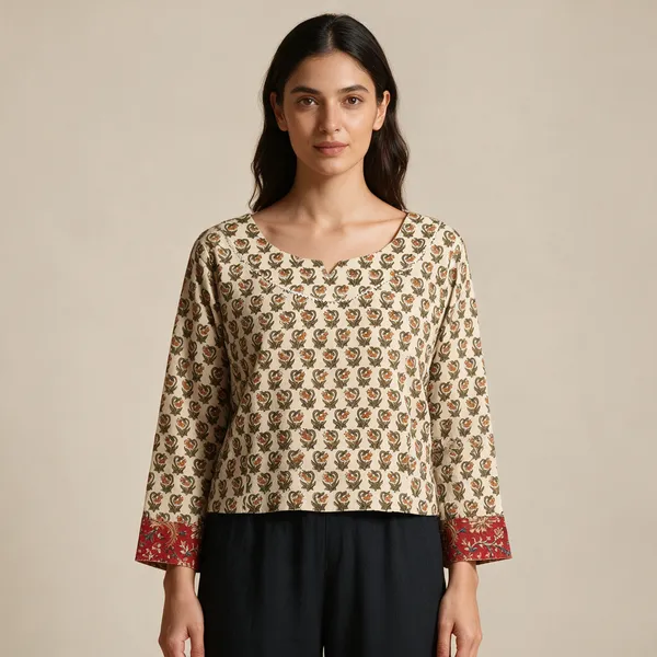 Handmade_Block_Print_Cotton_For_Women_Ethnic_Floral_Printed_Top_With_Long_Sleeves