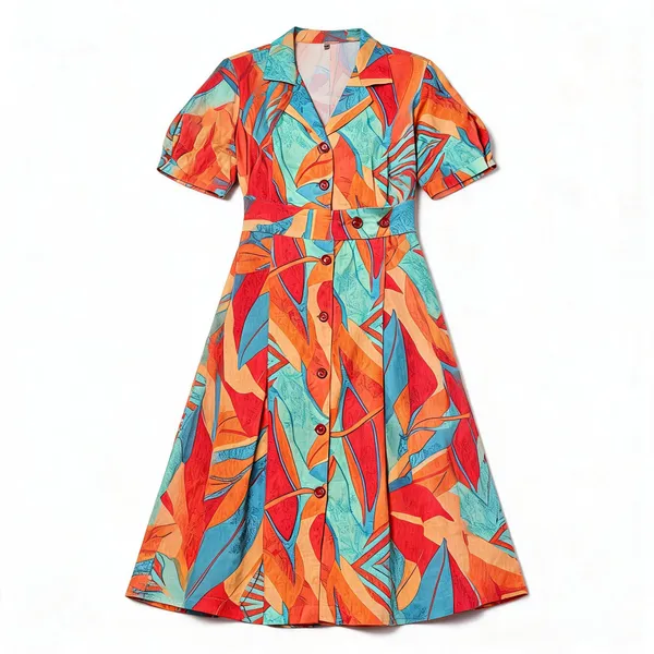 Womens_Tropical_Print_Button_Down_Cotton_Midi_Dress