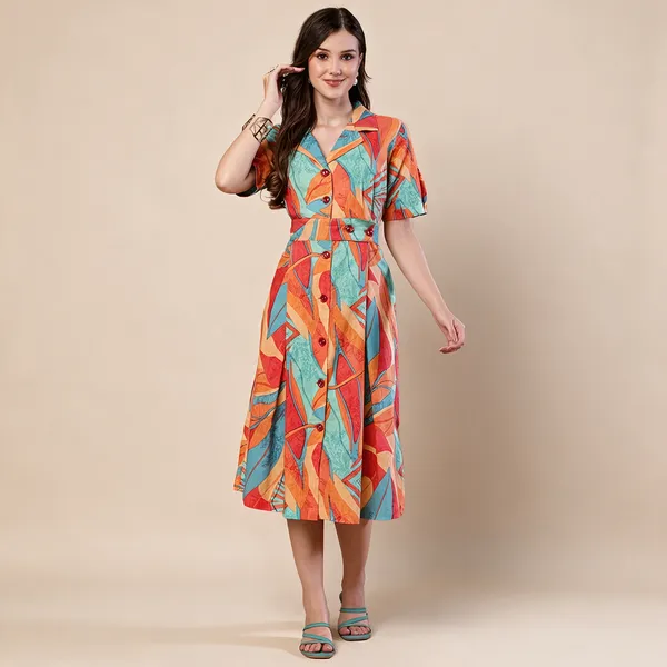 Womens_Tropical_Print_Button_Down_Cotton_Midi_Dress