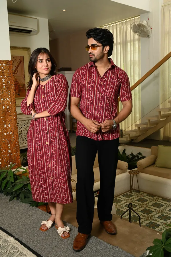 Couple_Matching_Maroon_Cotton_Anarkali_Midi_Dress_And_Shirt_Set_Vertical_Stripe_Ethnic_Print