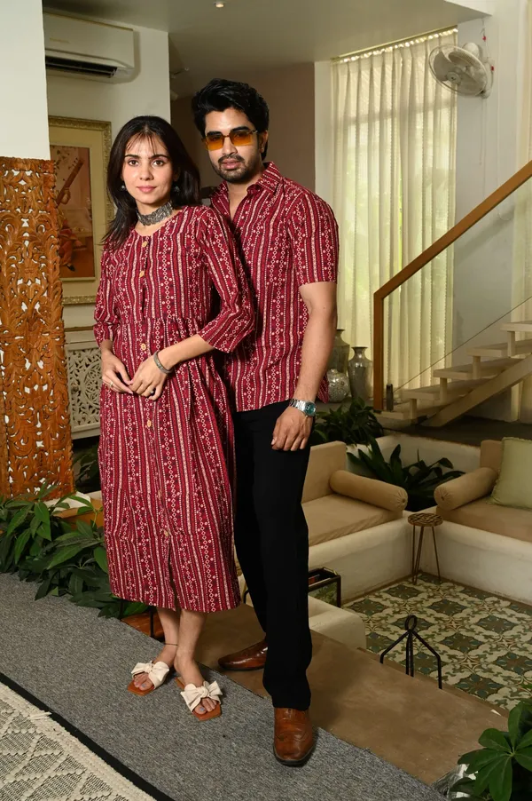 Couple_Matching_Maroon_Cotton_Anarkali_Midi_Dress_And_Shirt_Set_Vertical_Stripe_Ethnic_Print