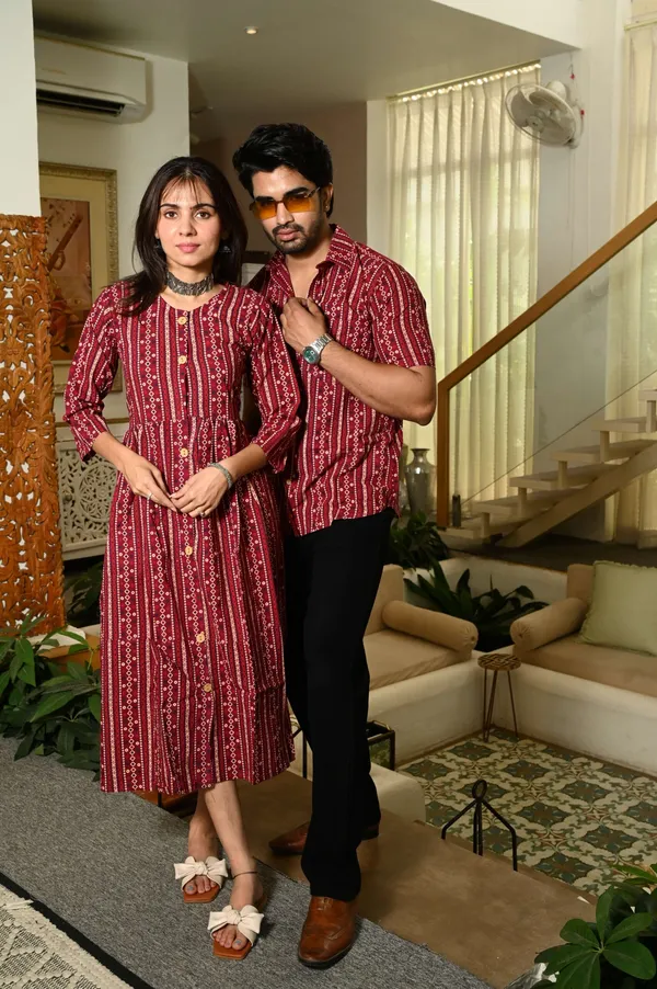 Couple_Matching_Maroon_Cotton_Anarkali_Midi_Dress_And_Shirt_Set_Vertical_Stripe_Ethnic_Print
