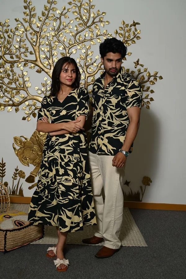 Couple_Matching_Black_Printed_Cotton_Anarkali_Midi_Dress_Shirt_Set_Summer_Casual_Wear