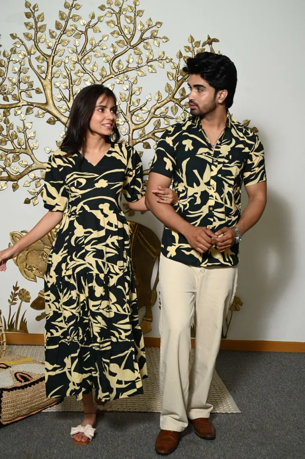 Couple_Matching_Black_Printed_Cotton_Anarkali_Midi_Dress_Shirt_Set_Summer_Casual_Wear