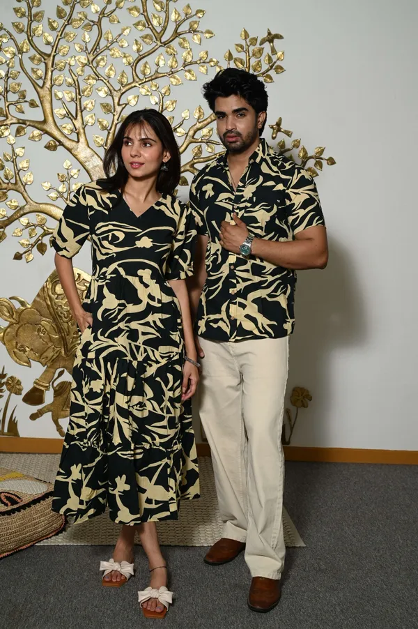 Couple_Matching_Black_Printed_Cotton_Anarkali_Midi_Dress_Shirt_Set_Summer_Casual_Wear