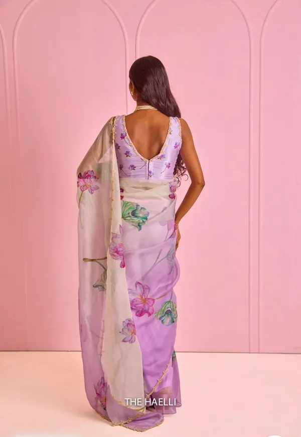 Women_S_Exquisite_Lavender_White_Organza_Saree_With_Hand_Painted_Lotus_Floral_Motifs_Gold_Embellished_Border_Complete_With_Matching_Printed_Blouse_For_Festive_Special_Occasions