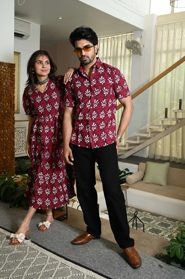Couple_Matching_Maroon_Cotton_Printed_Anarkali_Midi_Dress_Shirt_Set_Casual_Festive_Wear