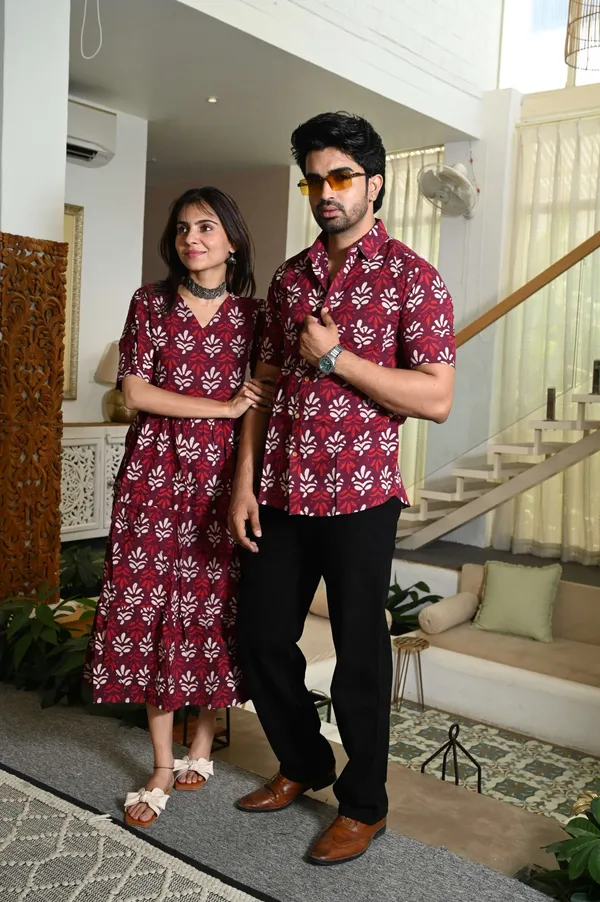 Couple_Matching_Maroon_Cotton_Printed_Anarkali_Midi_Dress_Shirt_Set_Casual_Festive_Wear