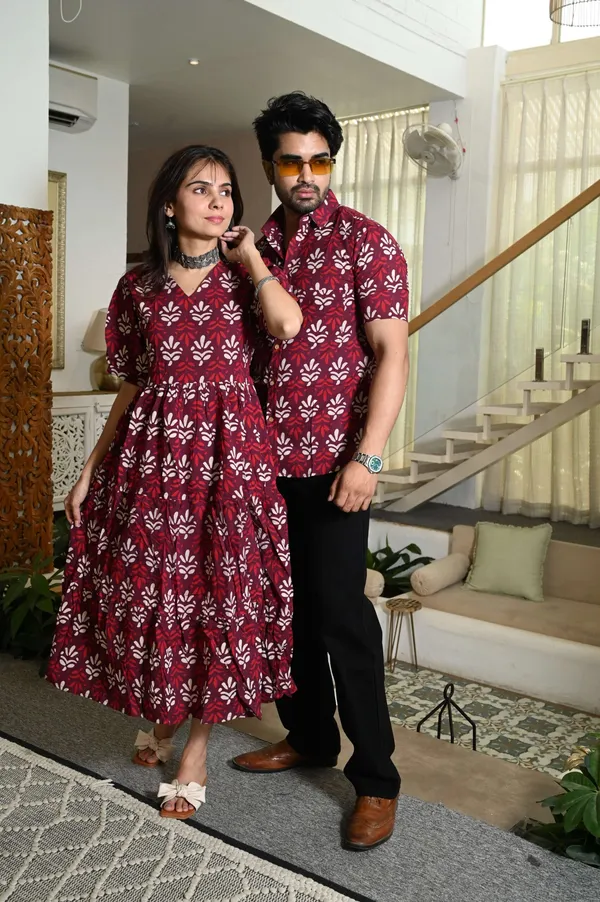 Couple_Matching_Maroon_Cotton_Printed_Anarkali_Midi_Dress_Shirt_Set_Casual_Festive_Wear