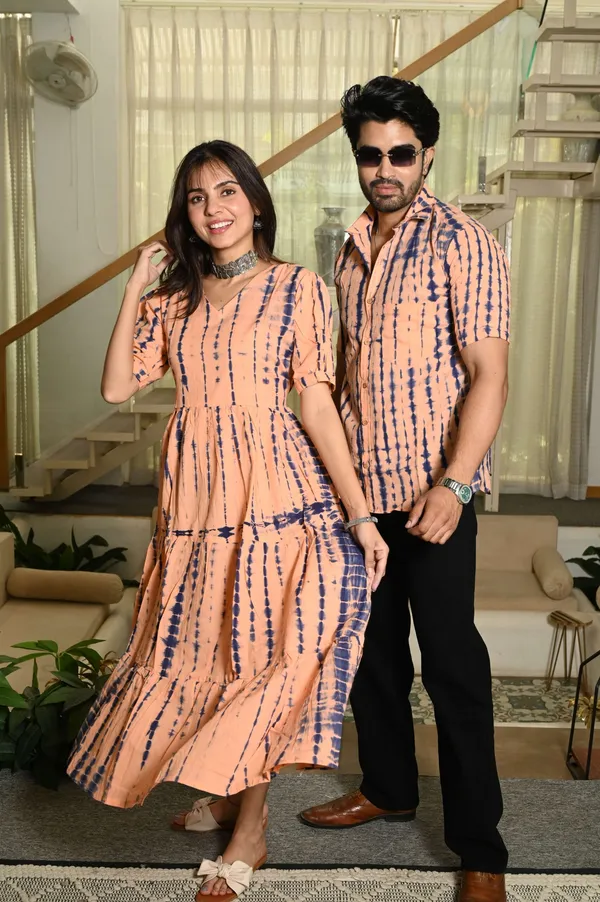 Couple_Matching_Peach_Printed_Cotton_Anarkali_Midi_Dress_Shirt_Set_Summer_Casual_Wear